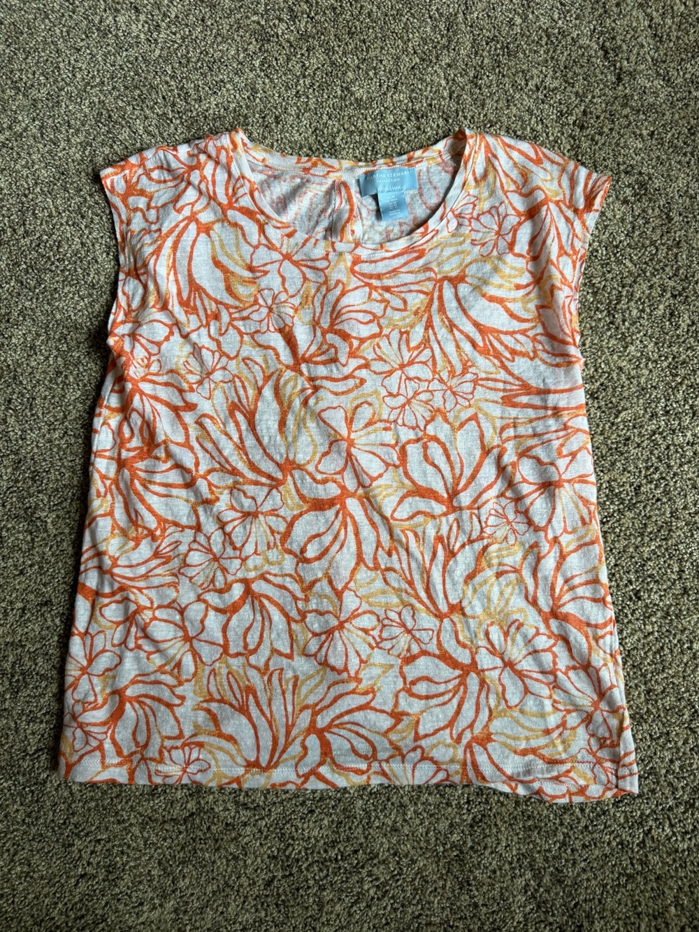 100% Linen Martha Stewart Orange & Yellow Floral Cap-Sleeve Top Buttons in back
